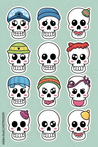 Cute Cartoon Skulls with Different Hats and Expressions - A Collection of Adorable and Playful Skull Illustrations