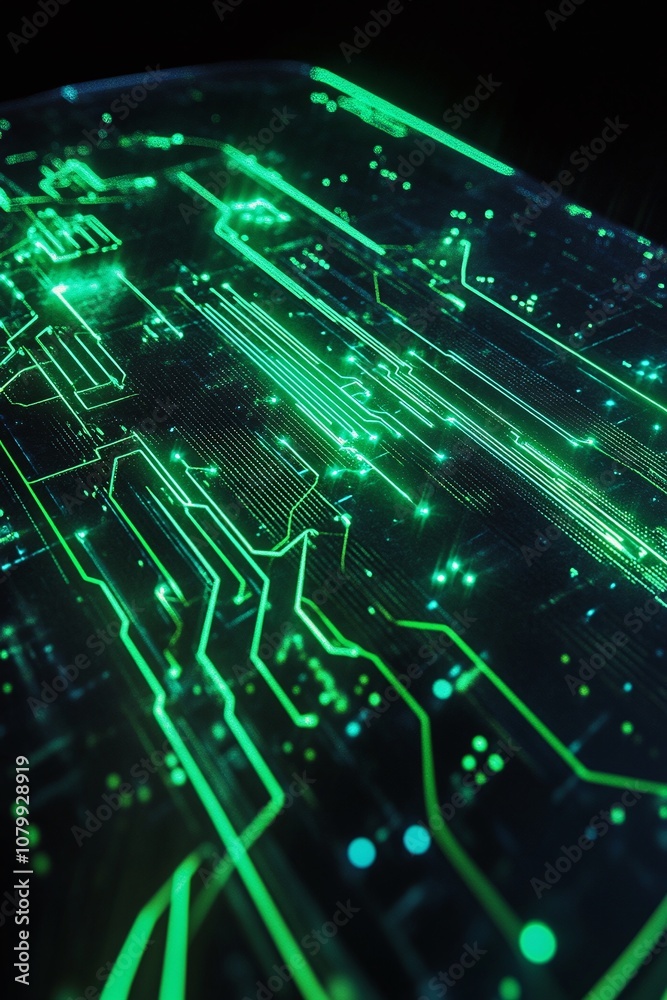 Fototapeta premium Abstract Digital Circuit Board Design Featuring Bright Green Lines and Lights on Black Background, Ideal for Technology and Futuristic Concepts