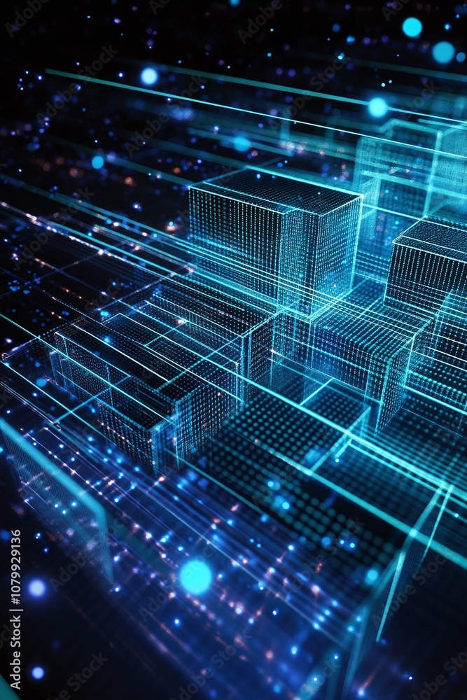 Naklejka premium Abstract Digital Data Visualization with Neon Cubes and Lights in a Connected Network Framework Representing Technology and Innovation Concepts