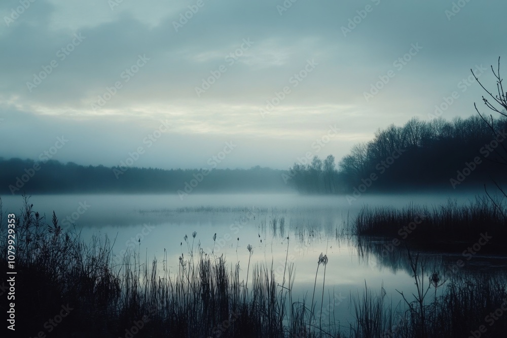 Fototapeta premium Misty lake at sunrise with fog and silhouetted trees.
