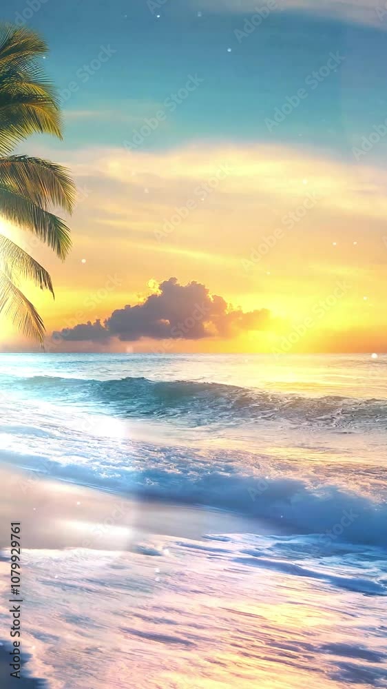 Serene Tropical Beach Sunrise with Gentle Waves and Golden Sky. Background. Seamless looping motion design. Video animation. Serene Tropical Beach Sunrise with Gentle Waves and Golden Sky. Background. Seamless looping motion design. Video animation.