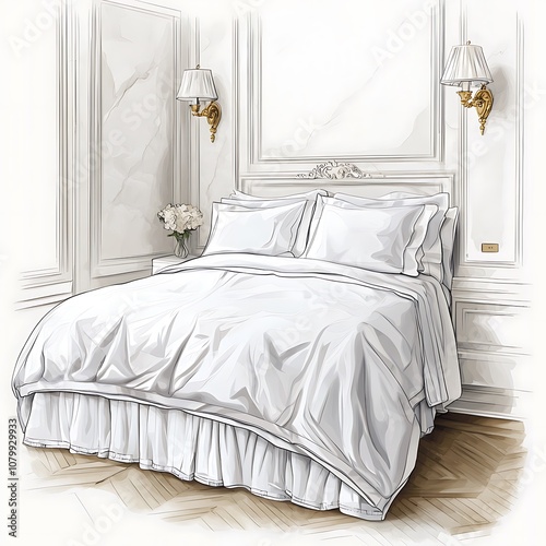 White Bedding in Elegant Bedroom with Decorative Wall Molding.
