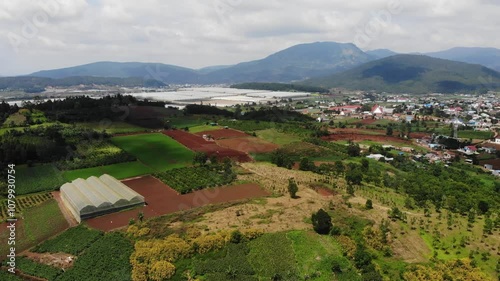 An aerial view, Rcai mountain in Duc Trong district, Lam Dong Vietnam, also known as Doi Mountain, in November Wild sunflowers bloom brightly on R'Chai mountain. 
