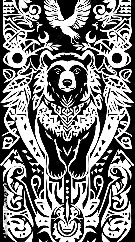 Ainu Tribal Pattern with Bear and Crane Motifs in Monochromatic Palette Showcasing Japan s Rich Cultural Heritage Ainu Tribal Pattern with Bear and Crane Motifs in Monochromatic Palette Showcasing Japan s Rich Cultural Heritage