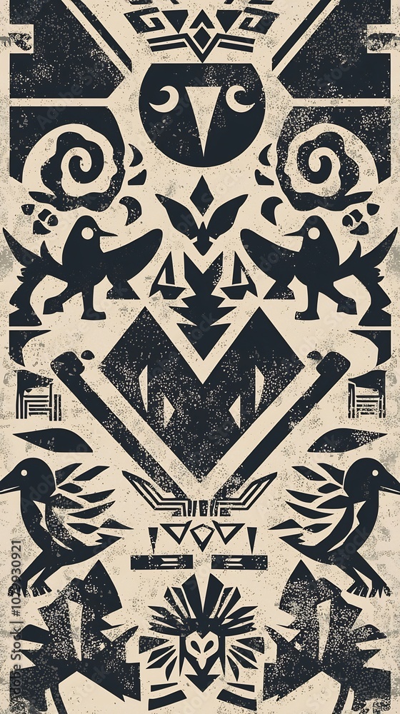 Obraz premium Ainu Tribal Pattern with Bear and Crane Motifs in Monochromatic Palette Showcasing Rich Cultural Heritage