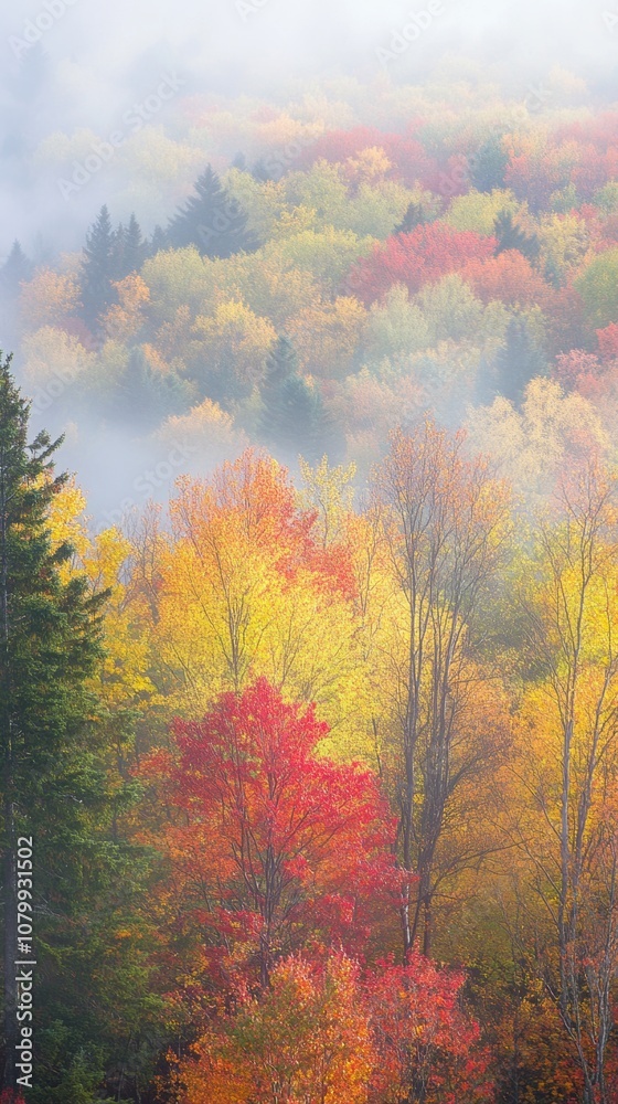 Colorful autumn landscape with vibrant leaves on trees, soft mist in the background, and sunlight filtering through, serene and beautiful nature setting