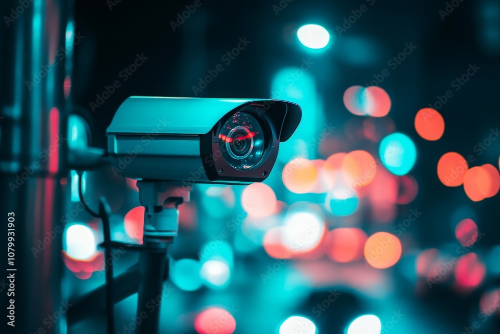 Urban Surveillance at Night with Bokeh Lights in a Cityscape Scene Captured in Blue Hues Urban Surveillance at Night with Bokeh Lights in a Cityscape Scene Captured in Blue Hues