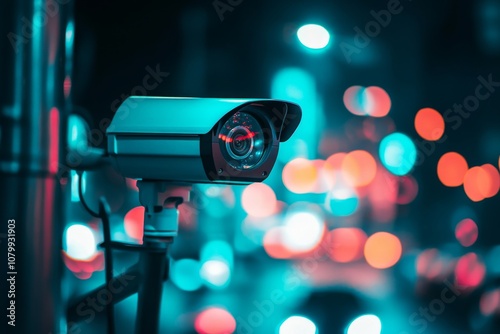 Urban Surveillance at Night with Bokeh Lights in a Cityscape Scene Captured in Blue Hues