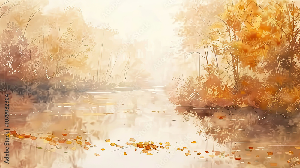 Autumn Forest River with Floating Leaves – Watercolor Art
