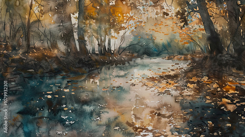 Watercolor of Serene River in Autumn Forest with Floating Leaves