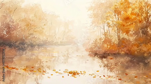 Obraz na płótnie Autumn Forest River with Floating Leaves – Watercolor Art w salonie