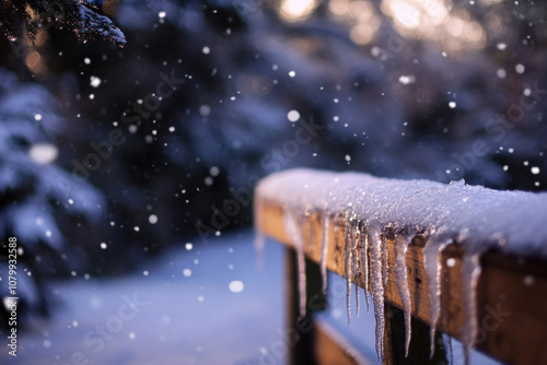 Icicles hanging from a wooden bench in a snowy setting. photo