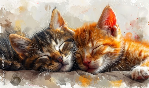 In a cozy setting, two pets nestle closely as they sleep, radiating warmth and companionship. This watercolor work beautifully captures their serene moment