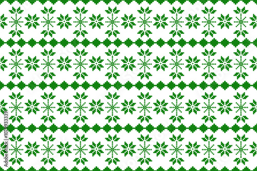 Christmas and New Year seamless pattern. Green snowflakes  on  white pixel pattern for winter hat,jumper,sweater, wrapping,fabric,border,rim,carpets, blankets, towels.	