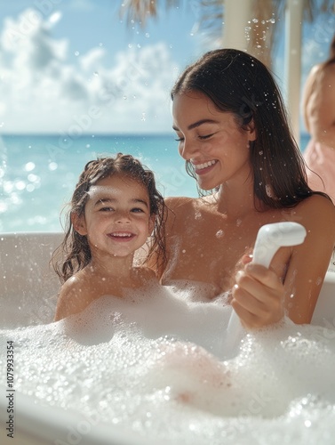 Mother and daughter bonding in beachside bath