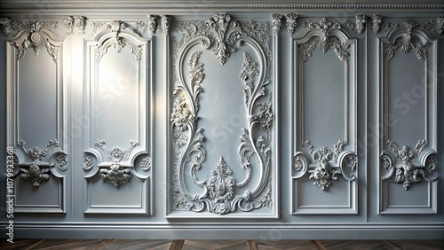 Ornate Architectural Wall Paneling with Intricate Floral Motifs and a Soft Grey Finish