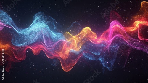 An energetic digital wallpaper with neon-colored particle waves forming abstract shapes and patterns against a black background