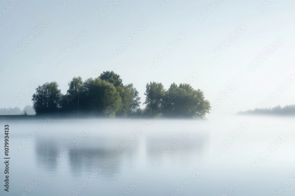 Misty morning over a calm lake with a small island of trees. Misty morning over a calm lake with a small island of trees.