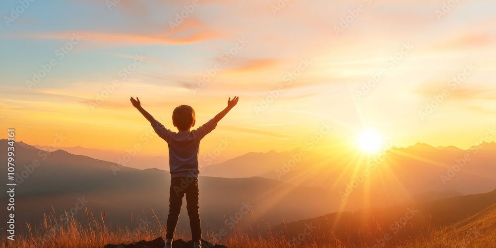 A child stands on a mountain peak, arms raised in joy, embracing the beautiful sunset and the endless possibilities ahead. A child stands on a mountain peak, arms raised in joy, embracing the beautiful sunset and the endless possibilities ahead.
