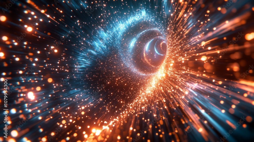 Obraz premium An intricate visualization of glowing data trails and explosive elements, embodying the concept of hyper-speed travel, set against a minimalist color backdrop