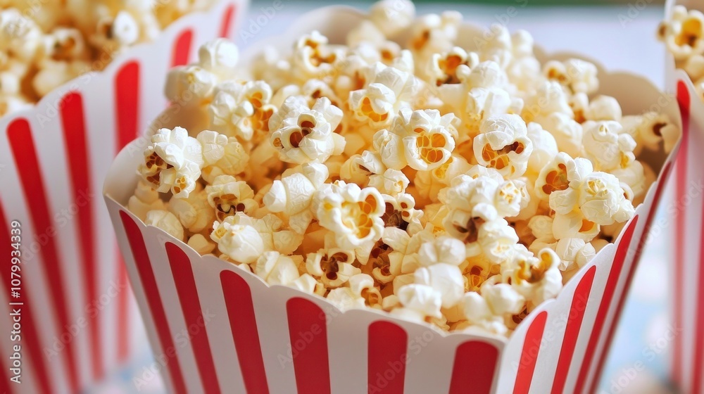 Freshly popped popcorn served in classic red and white striped containers at a movie theater during a weekend evening Freshly popped popcorn served in classic red and white striped containers at a movie theater during a weekend evening
