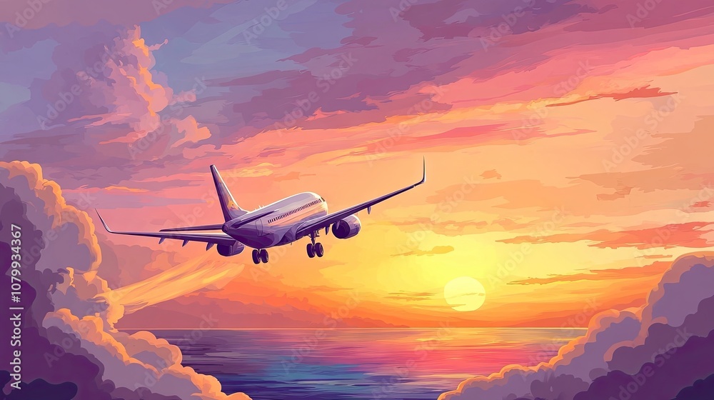 Acrobatic airplane performing stunning maneuvers in the clouds during sunset over the ocean. Vector illustration captures a high-flying plane against a picturesque sky with ample copy space. Acrobatic airplane performing stunning maneuvers in the clouds during sunset over the ocean. Vector illustration captures a high-flying plane against a picturesque sky with ample copy space.