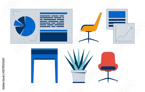 Modern business company office supplies 2D cartoon objects set. Furniture details and infographics isolated elements flat vector cliparts on white background. Spot illustrations collection