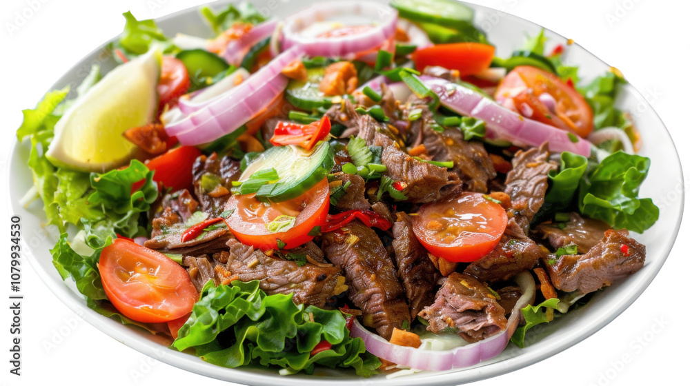 Spicy beef salad on white transparent background
