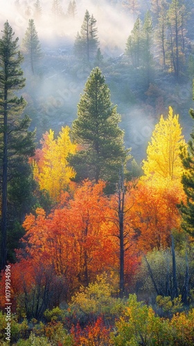 Colorful autumn landscape with vibrant leaves on trees, soft mist in the background, and sunlight filtering through, serene and beautiful nature setting