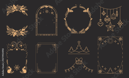 Merry Christmas and Happy New Year greeting card frame design vector element set. Christmas Tree,  branches, balls, snowflake pattern. Luxury element for  invitation, banner, poster, cover  and print.