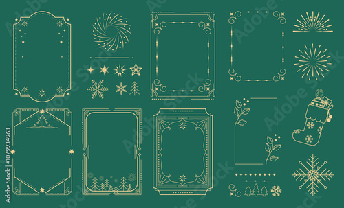 Merry Christmas and Happy New Year greeting card frame design vector element set. Christmas Tree,  branches, balls, snowflake pattern. Luxury element for  invitation, banner, poster, cover  and print.