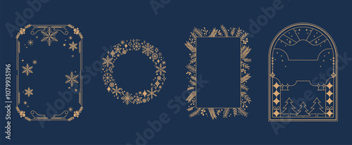 Merry Christmas and Happy New Year greeting card frame design vector element set. Christmas Tree,  branches, balls, snowflake pattern. Luxury element for  invitation, banner, poster, cover  and print.