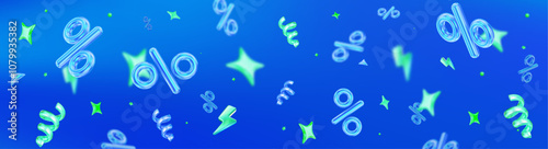 3d flying neon percent signs with stars on blue holographic isolated background. Horizontal banner. Stock vector illustration.