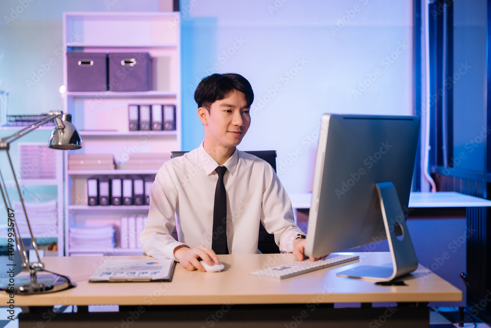 Businessman drinking coffee to get some energy for working overtime sitting at desk using computer and doing overtime Businessman drinking coffee to get some energy for working overtime sitting at desk using computer and doing overtime