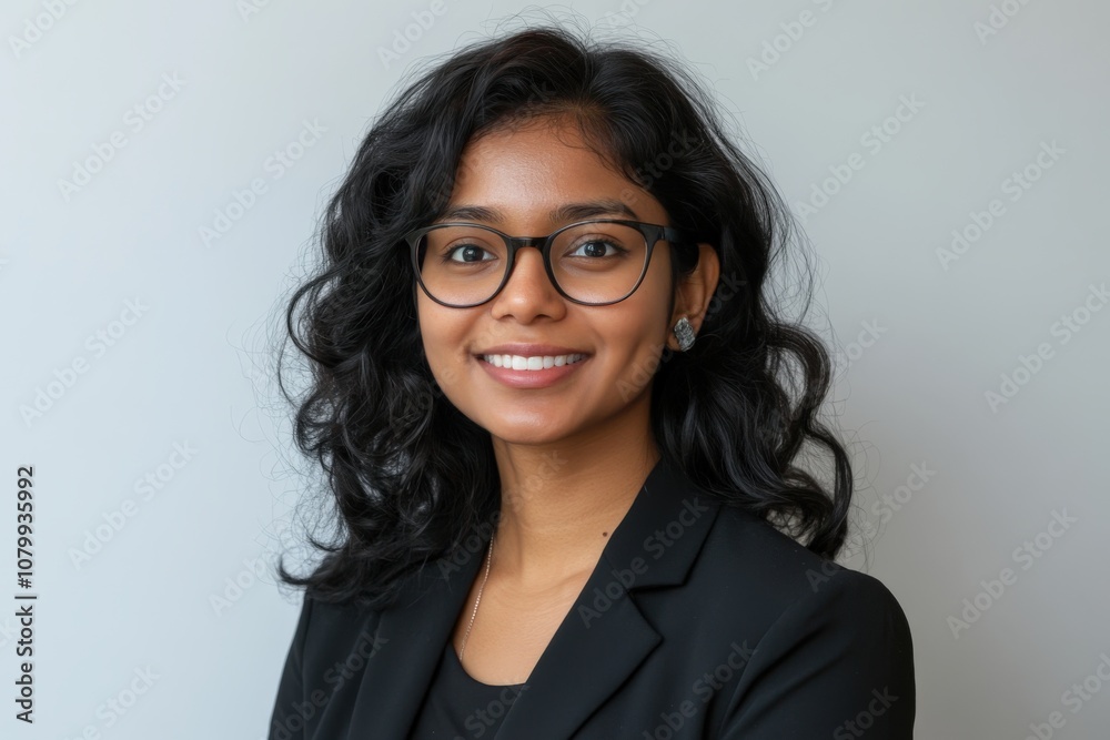 A professional portrait of a smiling woman with curly hair, wearing glasses and a blazer. A professional portrait of a smiling woman with curly hair, wearing glasses and a blazer.