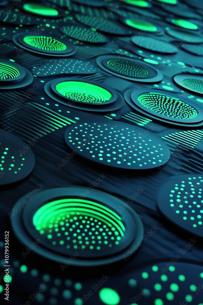 Abstract geometric patterns featuring glowing green circles on a dark surface, creating a futuristic and captivating visual display suitable for tech-themed projects Abstract geometric patterns featuring glowing green circles on a dark surface, creating a futuristic and captivating visual display suitable for tech-themed projects