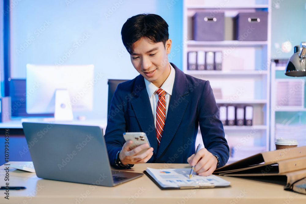 Asian Businessman analyzing reports in a modern office, working on a computer. Perfect for corporate, business, and over time concepts Asian Businessman analyzing reports in a modern office, working on a computer. Perfect for corporate, business, and over time concepts