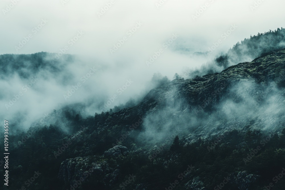Misty mountain landscape with a layer of fog obscuring the forest and hills. Misty mountain landscape with a layer of fog obscuring the forest and hills.