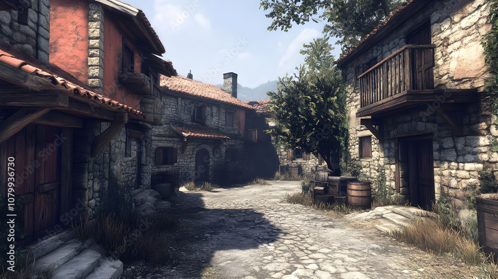 3D Medieval Village Street Illustration - Stone Houses, Cobblestone Path 3D Medieval Village Street Illustration - Stone Houses, Cobblestone Path