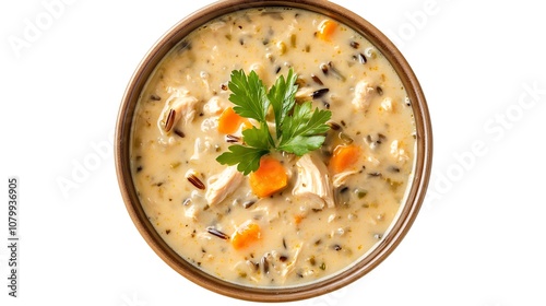 Creamy chicken wild rice soup in a bowl isolated on white background top view.
