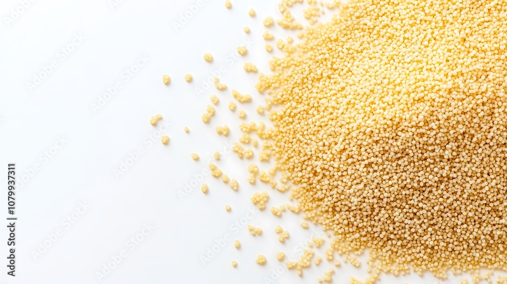 Light yellow grains are scattered on a white surface. Light yellow grains are scattered on a white surface.