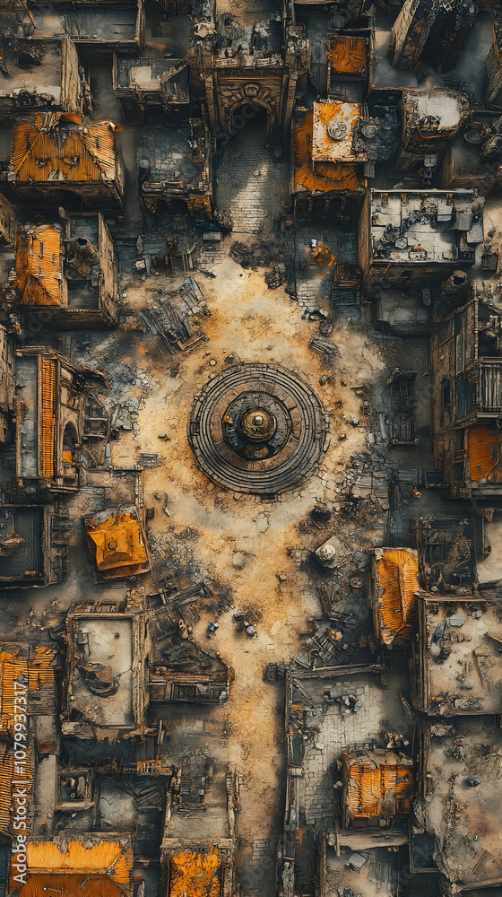 Illustration of Ruined City Center Aerial View Illustration of Ruined City Center Aerial View