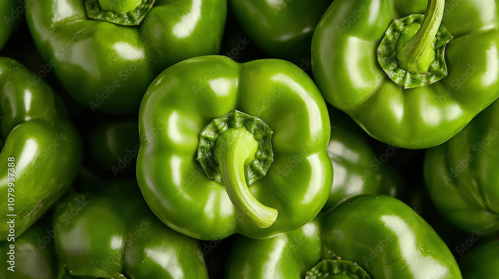 Fresh green bell peppers stacked together, showcasing their vibrant color and smooth texture. Perfect for healthy meals and recipes Fresh green bell peppers stacked together, showcasing their vibrant color and smooth texture. Perfect for healthy meals and recipes