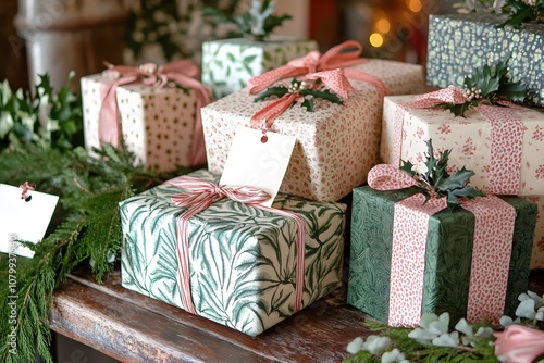 holidays, new year and celebration concept - close up of christmas gift in red wrapping with golden bow on window sill at home photo