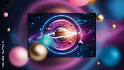 Vibrant bokeh effect photography of a futuristic poster background decoration featuring the solar system, a swirling galaxy, and planets in orbit, amidst a mesmerizing starscape, with subtle hints of  photo