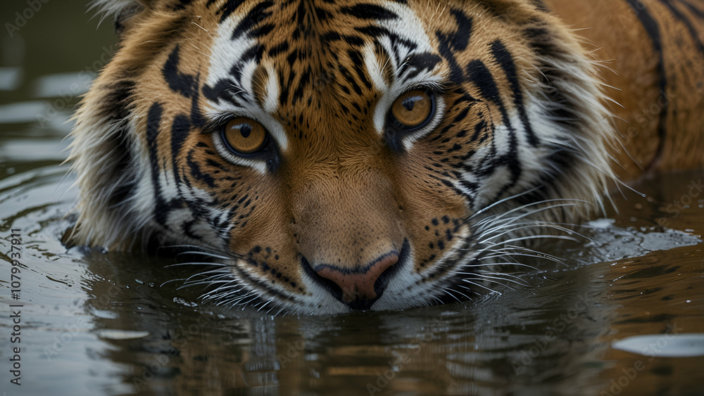 Fototapeta premium The eyes of the tiger emerge from the water.