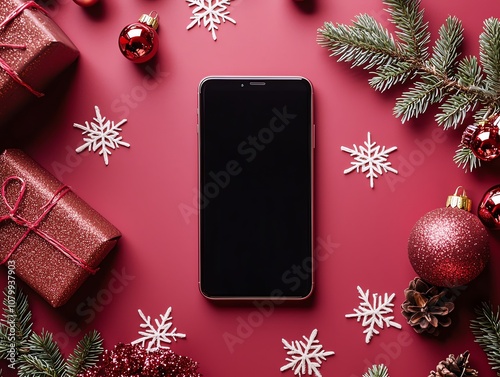 A smartphone sits on a festive red background surrounded by Christmas decorations, including ornaments, snowflakes, and wrapped gifts.