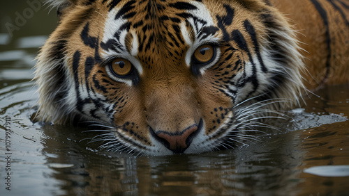 The eyes of the tiger emerge from the water. photo