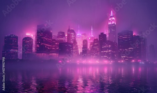 Futuristic skyscrapers tower against a dark sky, bathed in vivid neon colors, while dense fog creates an atmosphere of mystery and intrigue in this urban nighttime setting