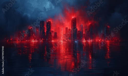 Beneath a dark sky, a futuristic city teems with glowing neon lights piercing through thick fog. Skyscrapers shimmer above a reflective water surface, creating an enchanting atmosphere of mystery